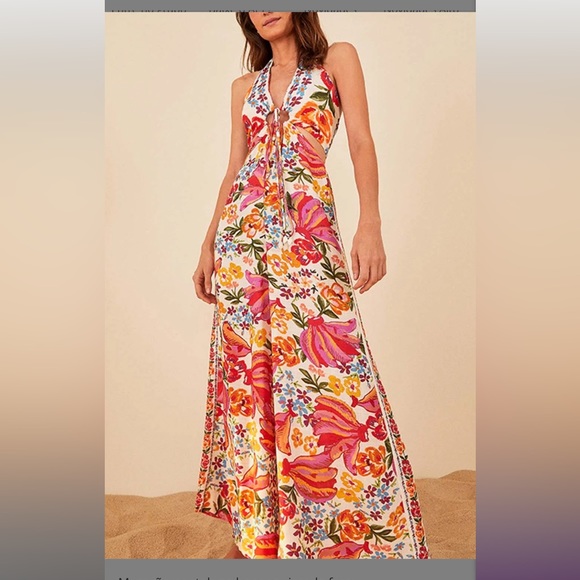 FARM Rio Pants - FARM Rio Floral Halter Maxi Jumpsuit in Bright Pink, Orange & Yellow